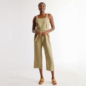 QUNICE 100% European Linen Square Neck Jumpsuit Washed Olive M